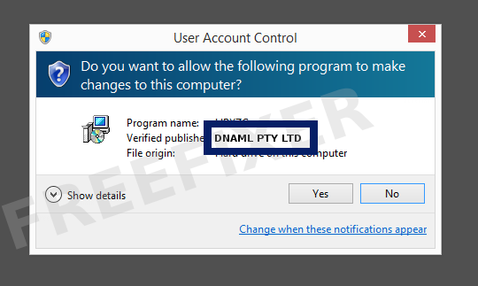 Screenshot where DNAML PTY LTD appears as the verified publisher in the UAC dialog